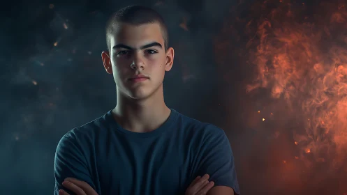 Cinematic portrait of young man against dual fire and smoke backdrop