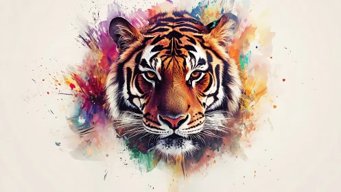 Tiger portrait framed by vivid watercolor splashes.