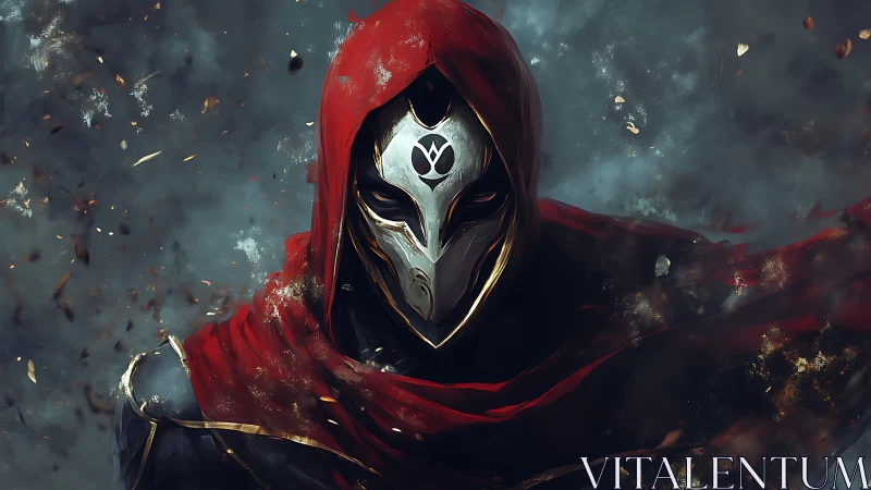 Hooded armored figure with mask in drifting particulate field.