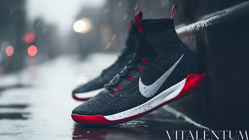 High-top athletic sneakers on wet urban pavement in rain.