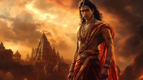 Warrior in ornate attire stands before sunlit temple city