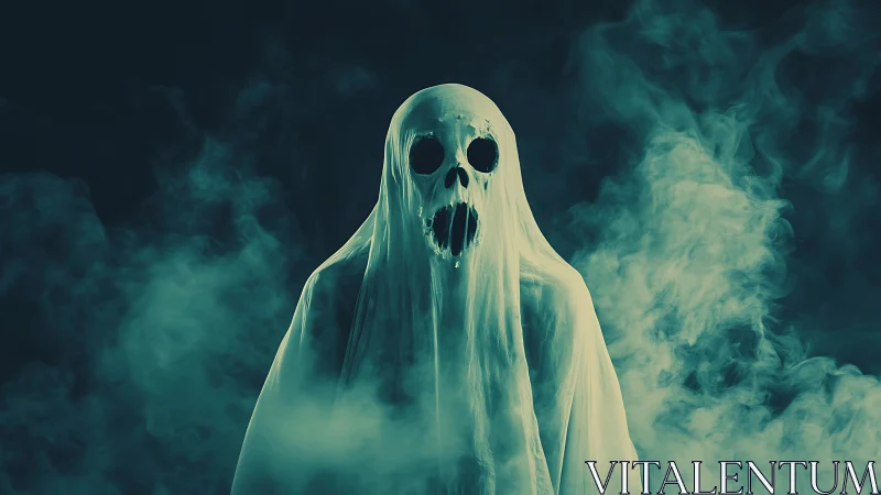 Ghostly shrouded figure emerges from swirling teal mist.