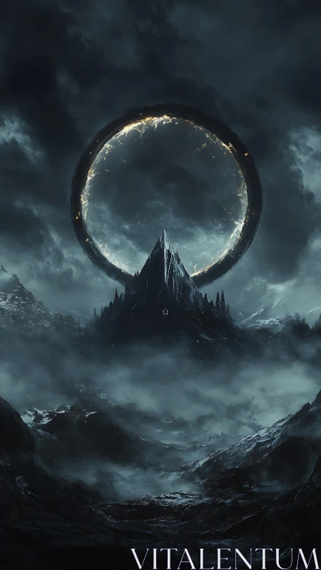 Mysterious dark mountain crowned by a glowing celestial ring.
