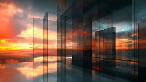 Translucent Architectural Planes Intersecting Golden Sunset Luminosity