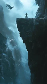 Lone traveler meets a soaring dragon above misty cliffs.