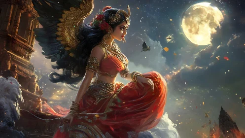 Moonlit winged goddess ascends above ancient temple spires