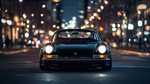 Classic black Porsche 911 front view on illuminated city street
