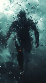 Armored cyber warrior strides through swirling debris and light