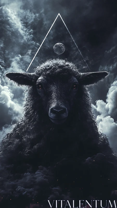 Celestial black sheep rises from storm clouds in eerie silence