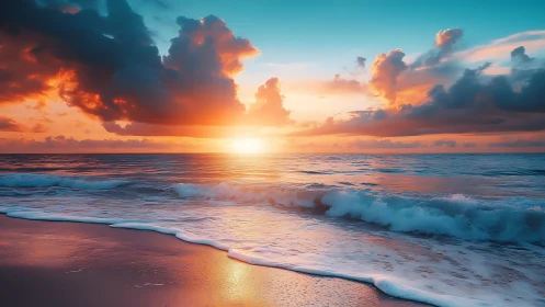 Radiant ocean sunrise ignites clouds above rolling waves.