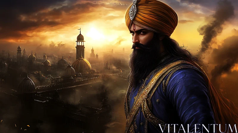 Fiery sunset crowns a resolute warrior guarding his city