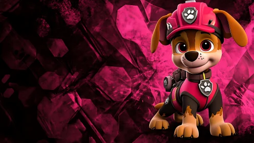 Cartoon rescue puppy in pink uniform on abstract background.