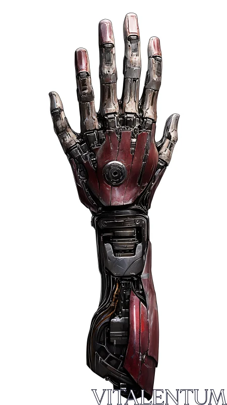Raised cybernetic arm displays detailed red metal plating