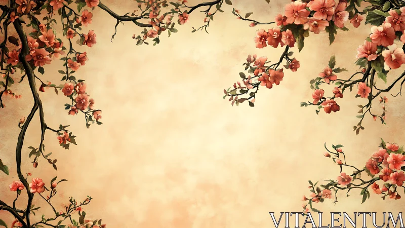 Digital floral frame with branching blossoms on parchment field.