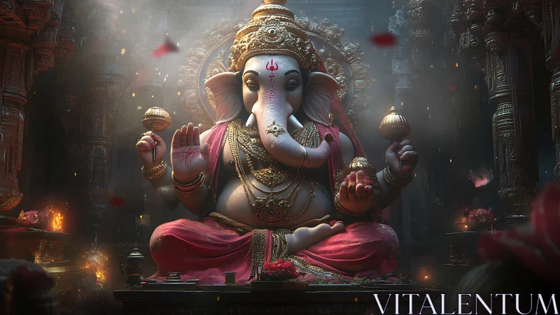 3D-rendered Ganesha idol in ornate low-lit temple interior.