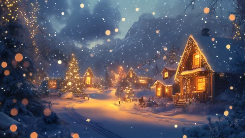 Snowy holiday village glowing with cozy winter magic.