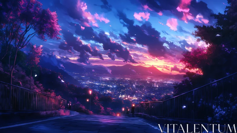 Overlook stairs glowing above neon city at violet dusk.