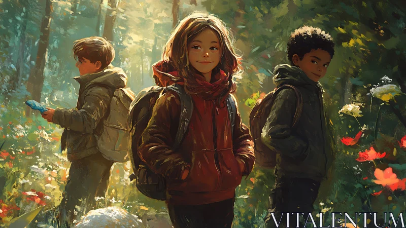 Three young adventurers explore luminous forest with backpacks and determined expressions