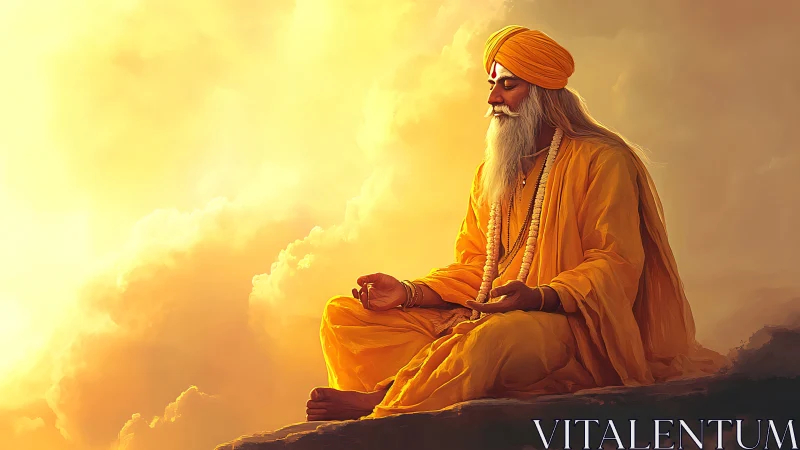 Digital painting of serene sage in golden atmospheric light.