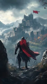 Armored warrior observing distant mountain fortress in mist.