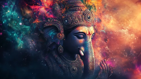 Cosmic digital Ganesh portrait fusing nebula light and ornate detail
