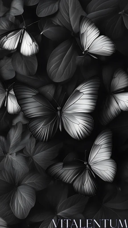 Monochrome butterflies resting on layered foliage pattern.