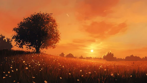 Sunlit meadow tree in blazing orange sunset glow.