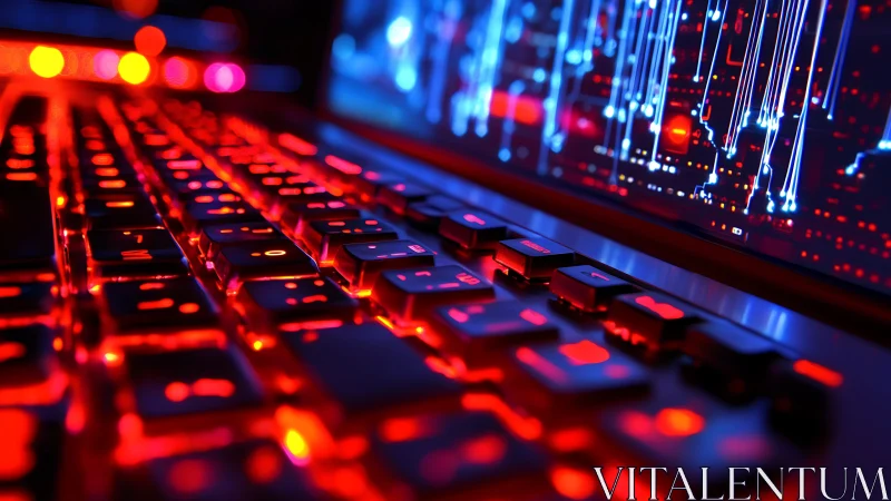 Backlit mechanical keyboard glows beneath abstract data stream