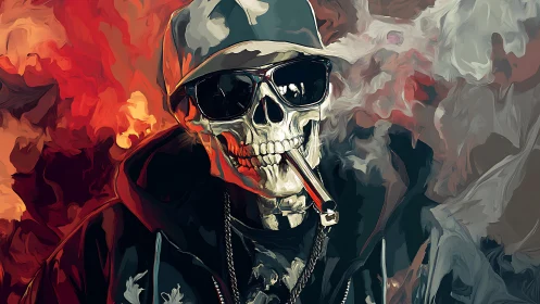 Skull figure in hooded jacket with cigarette and smoke
