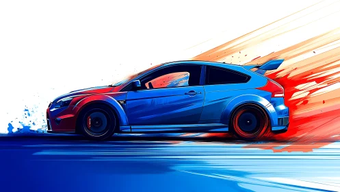 Racing hatchback streaking through dynamic red blue motion.