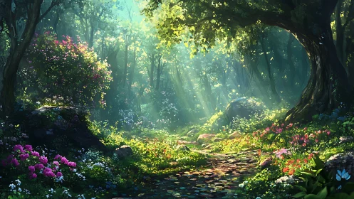 Sunlit forest path through blooming woodland landscape