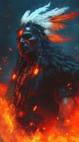 Fiery warrior figure with feathered headdress in embers.