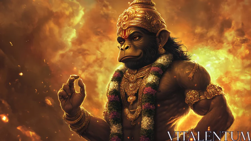 Firelit monkey deity poised in calm, golden blessing storm.