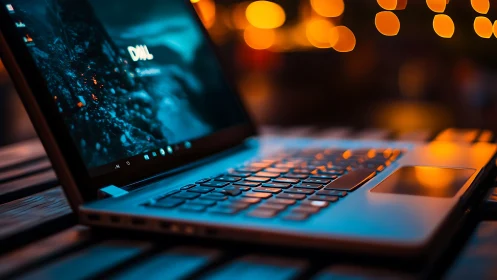 Slim laptop glows against warm city bokeh at night.