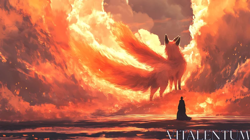 Volumetric fire-kitsune apparition confronting cloaked observer.