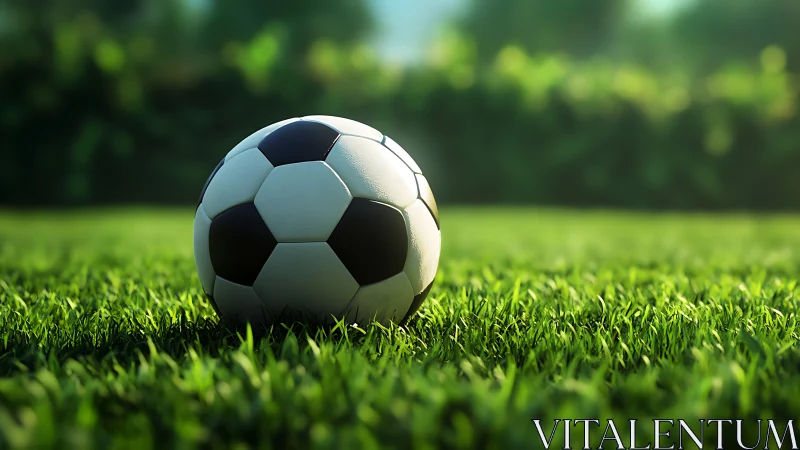 Soccer ball resting on green grass in soft daylight.