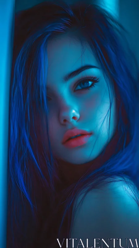 Neon-tide gaze of a midnight muse in electric blue hush.