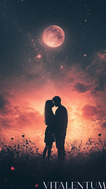 Two Hearts Under a Glowing Crimson Moon