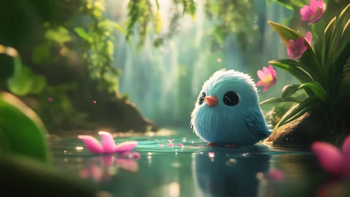 Blue cartoon bird beside pond in lush forest clearing.