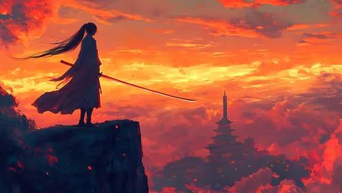 Samurai silhouette overlooking fiery sunset temple skyline.