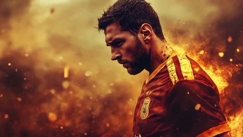 Fiery digital portrait of focused soccer player in profile.