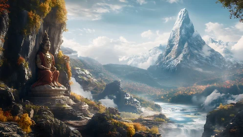 Monumental cliffside Buddha anchors a luminous alpine valley