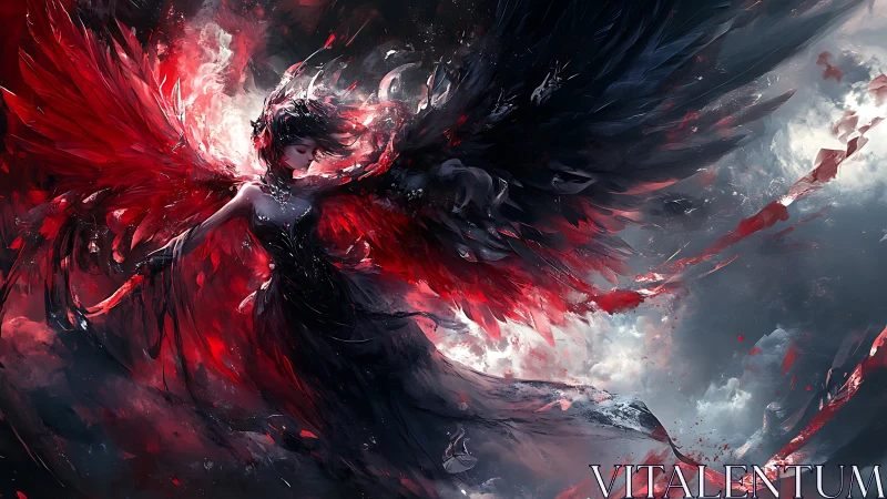 Fierce winged heroine rising in a storm of red and shadow.