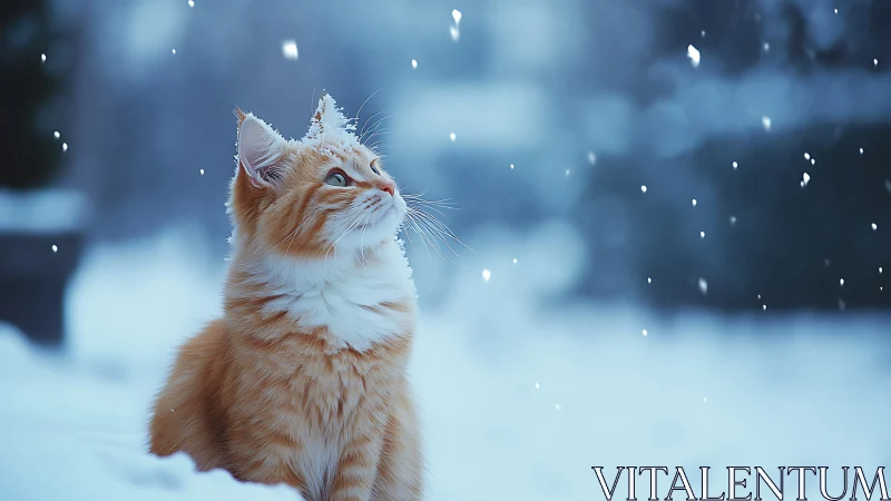 Orange Tabby Cat in Heavy Snowfall with Frost-Covered Fur Details