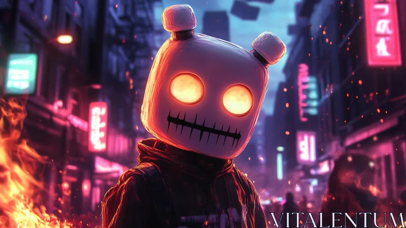 Neon-scorched city crowns a glitchy mascot with molten eyes