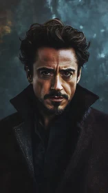 Moody male portrait with dramatic coat and stormy backdrop.