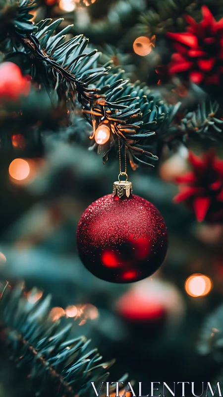 Crimson Christmas bauble gleams amid dreamy evergreen lights.