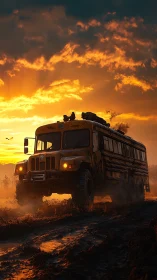 Mud-scarred sunset bus roaring through post-storm silence.