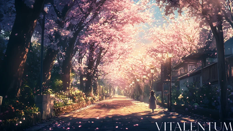 Twilight cherry blossom avenue with solitary child figure walking