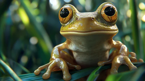 Curious golden frog with wide eyes in lush green leaves.